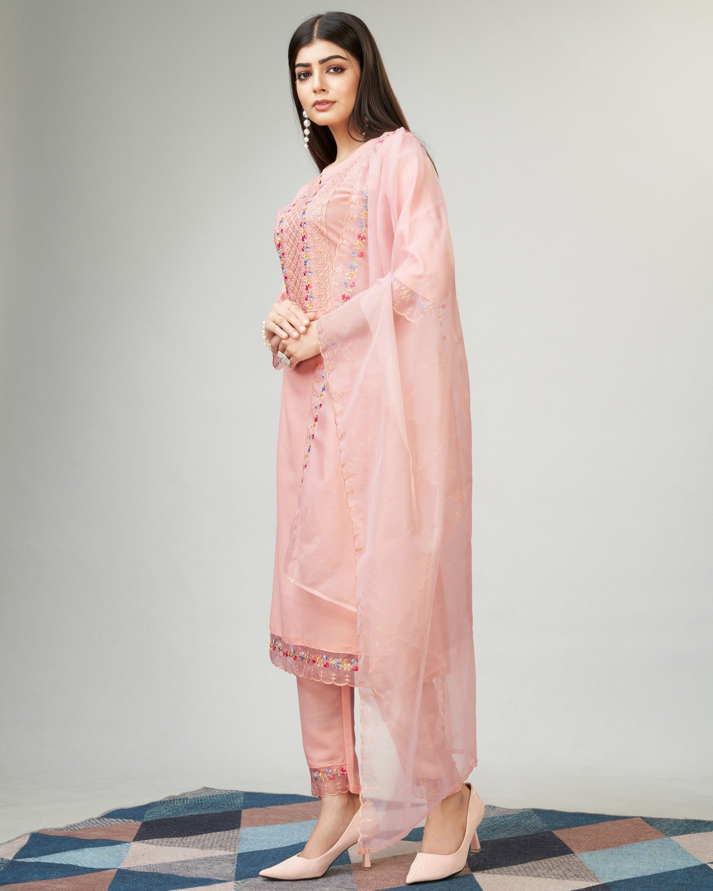 Peach Party Wear Embroidery Worked Kurta With Pant And Duppata Set Dropshipera