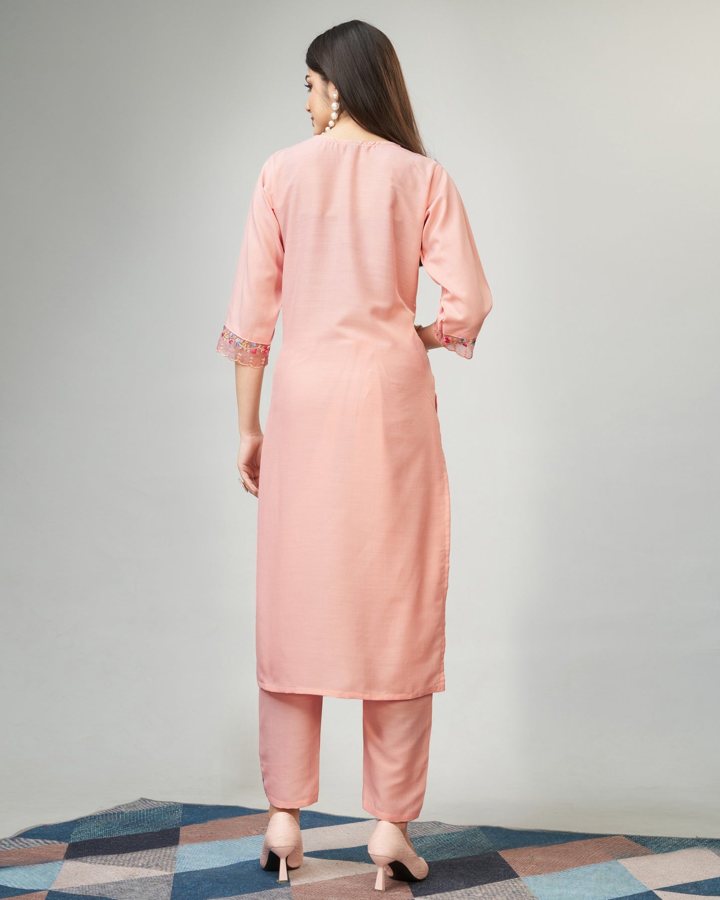 Peach Party Wear Embroidery Worked Kurta With Pant And Duppata Set Dropshipera