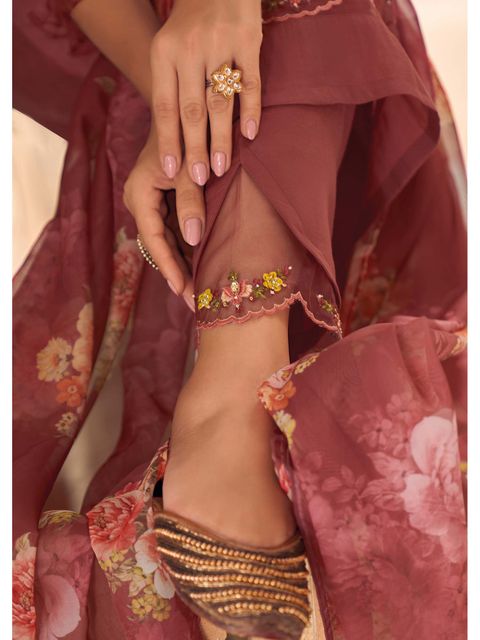 Peach Party Wear Embroidery Worked Kurta With Pant And Duppata Set Dropshipera