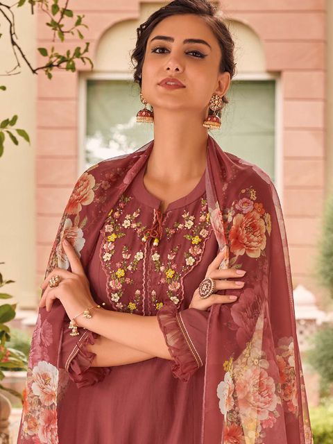 Peach Party Wear Embroidery Worked Kurta With Pant And Duppata Set Dropshipera