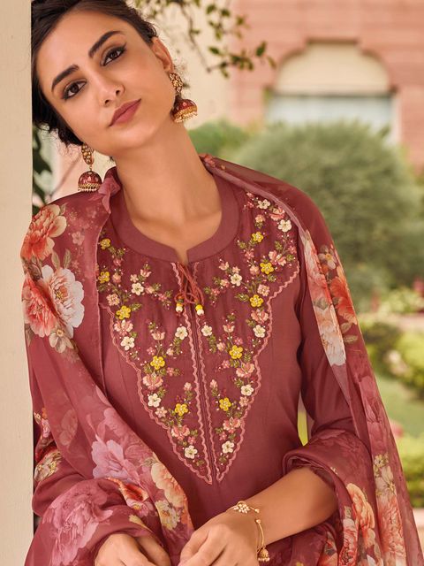 Peach Party Wear Embroidery Worked Kurta With Pant And Duppata Set Dropshipera