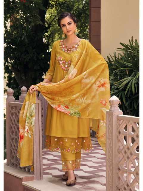 Musterd Party Wear Embroidery Worked Kurta With Pant And Duppata Set Dropshipera