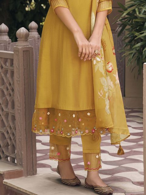 Musterd Party Wear Embroidery Worked Kurta With Pant And Duppata Set Dropshipera