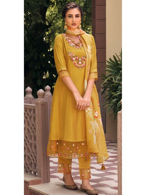 Musterd Party Wear Embroidery Worked Kurta With Pant And Duppata Set Dropshipera