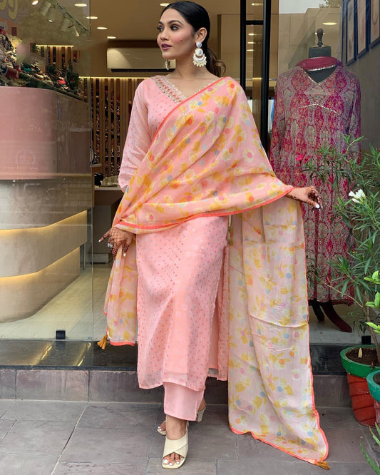 Peach Party Wear Embroidery Worked Kurta With Pant And Duppata Set Dropshipera