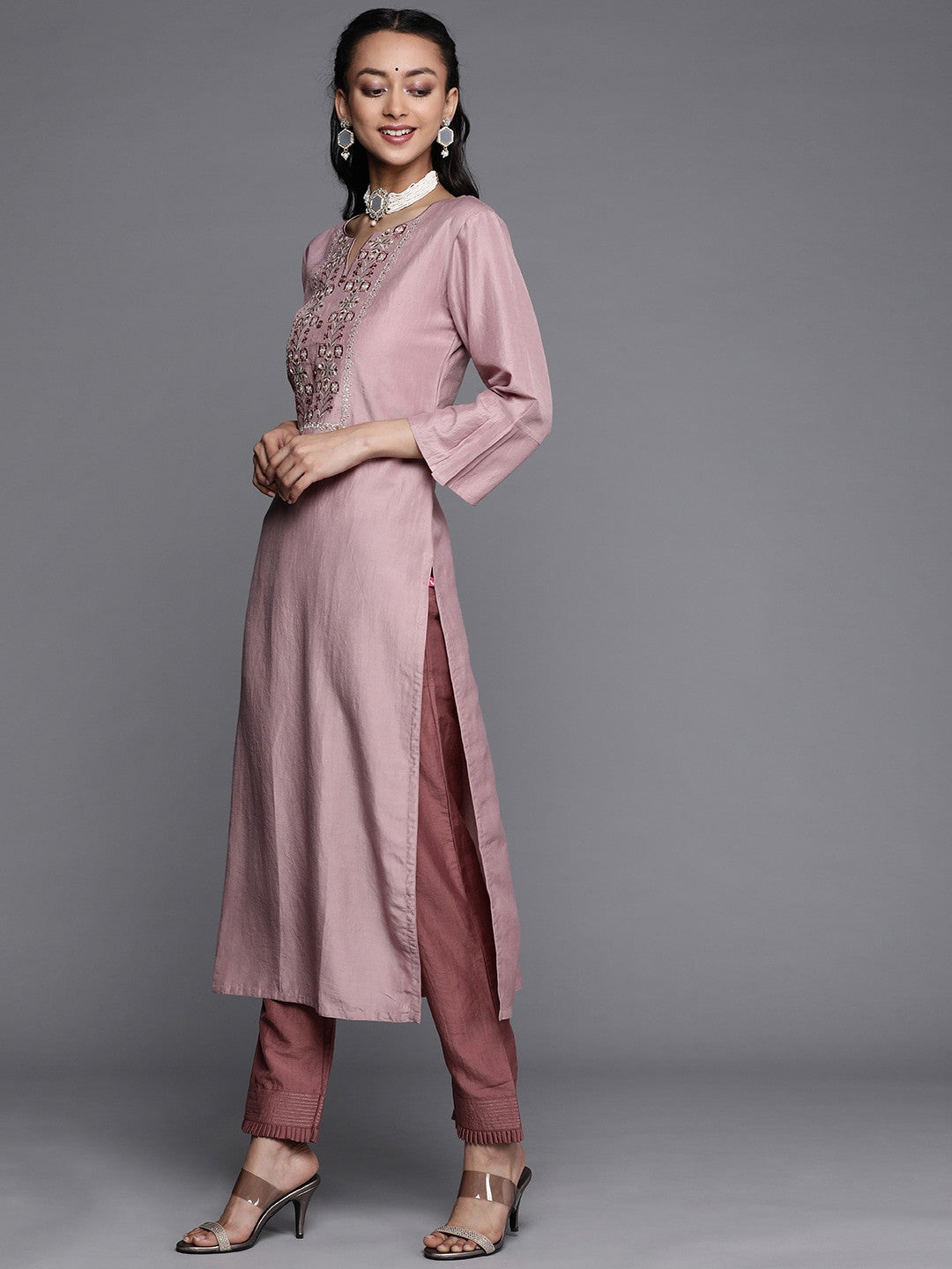 Purple Party Wear Embroidery Worked Kurta With Pant And Duppata Set Dropshipera