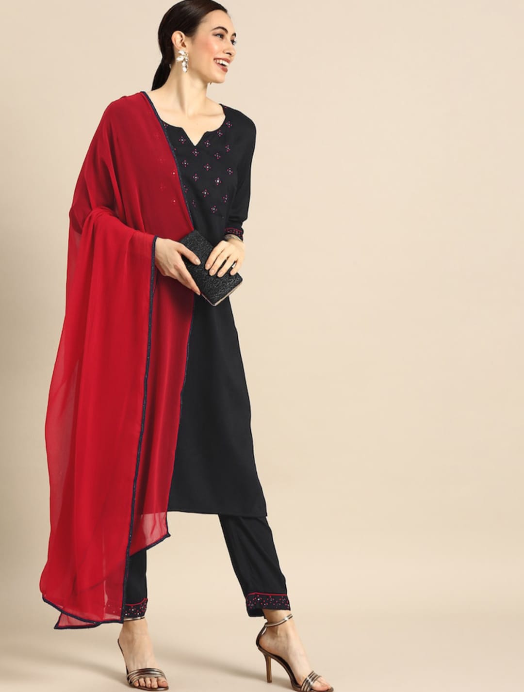 Black Party Wear Embroidery Worked Kurta With Pant And Duppata Set Dropshipera