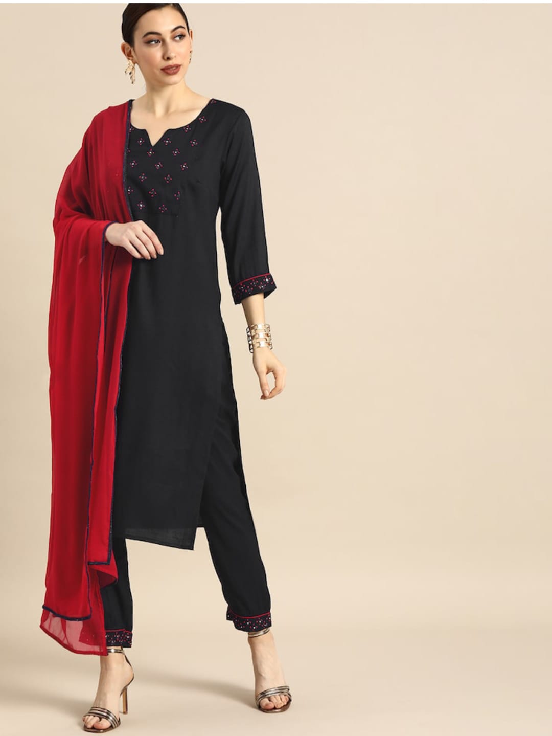Black Party Wear Embroidery Worked Kurta With Pant And Duppata Set Dropshipera