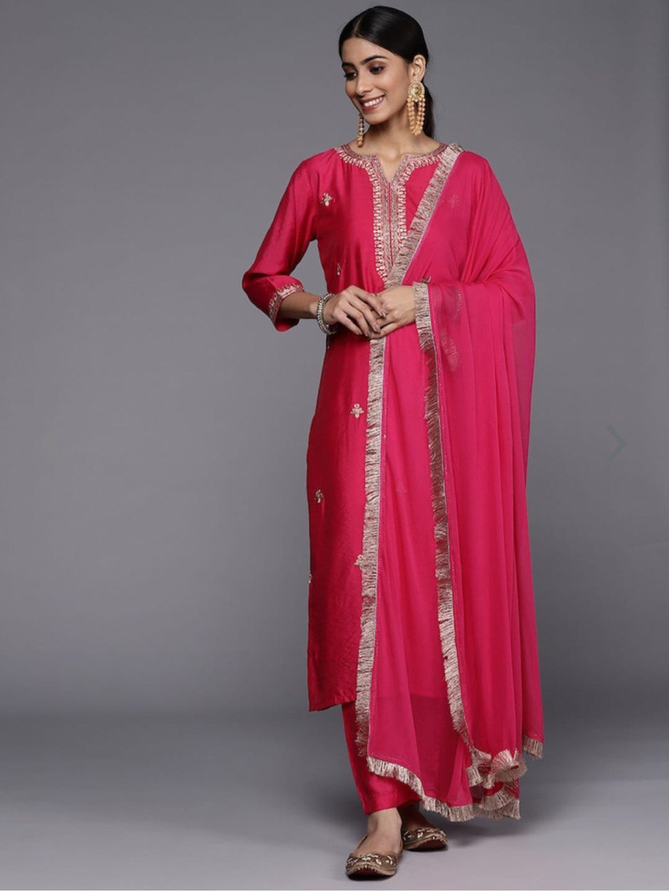 Red Party Wear Embroidery Worked Kurta With Pant And Duppata Set Dropshipera