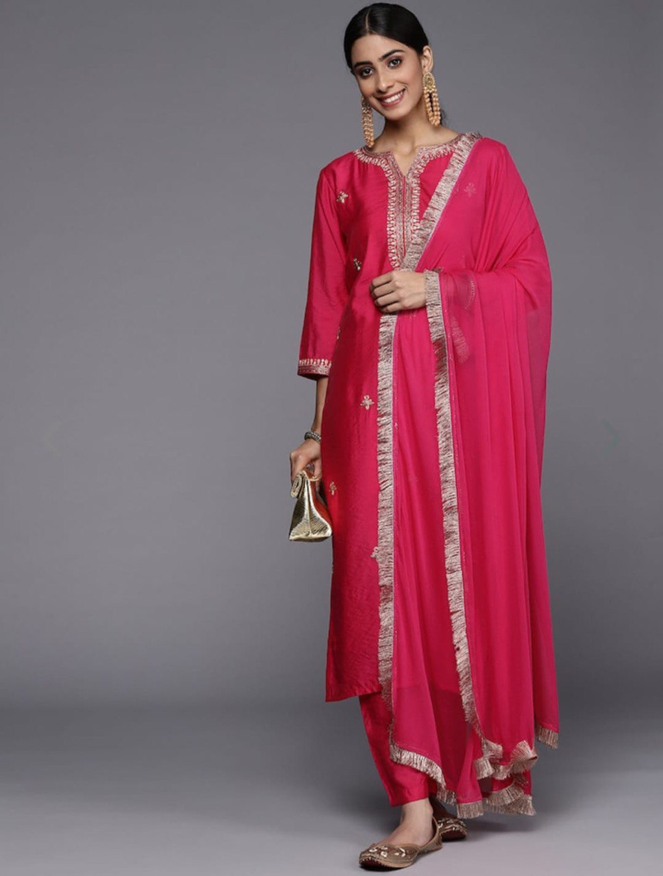 Red Party Wear Embroidery Worked Kurta With Pant And Duppata Set Dropshipera