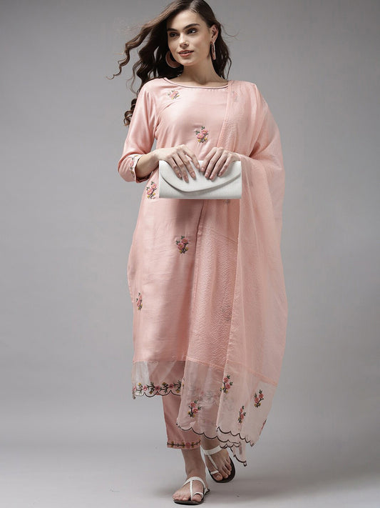 Peach Party Wear Embroidery Worked Kurta With Pant And Duppata Set Dropshipera