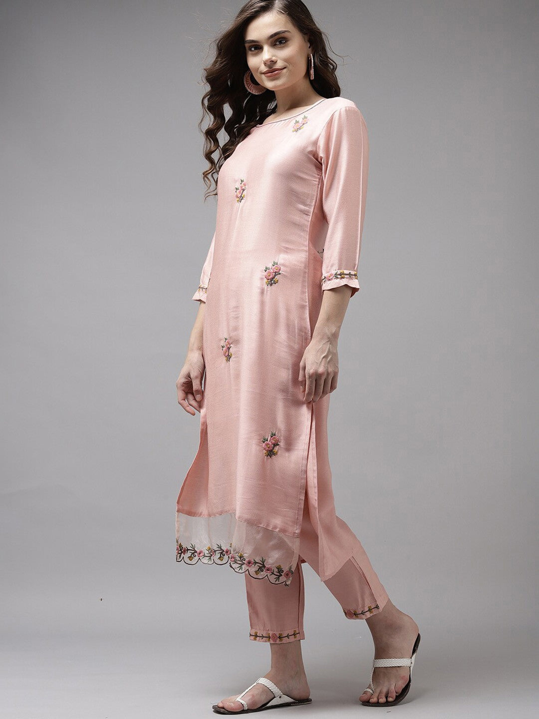 Peach Party Wear Embroidery Worked Kurta With Pant And Duppata Set Dropshipera