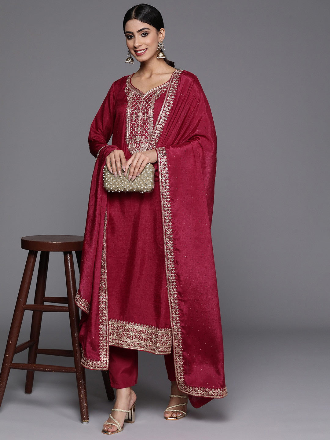 Marron Party Wear Embroidery Worked Kurta With Pant And Duppata Set Dropshipera