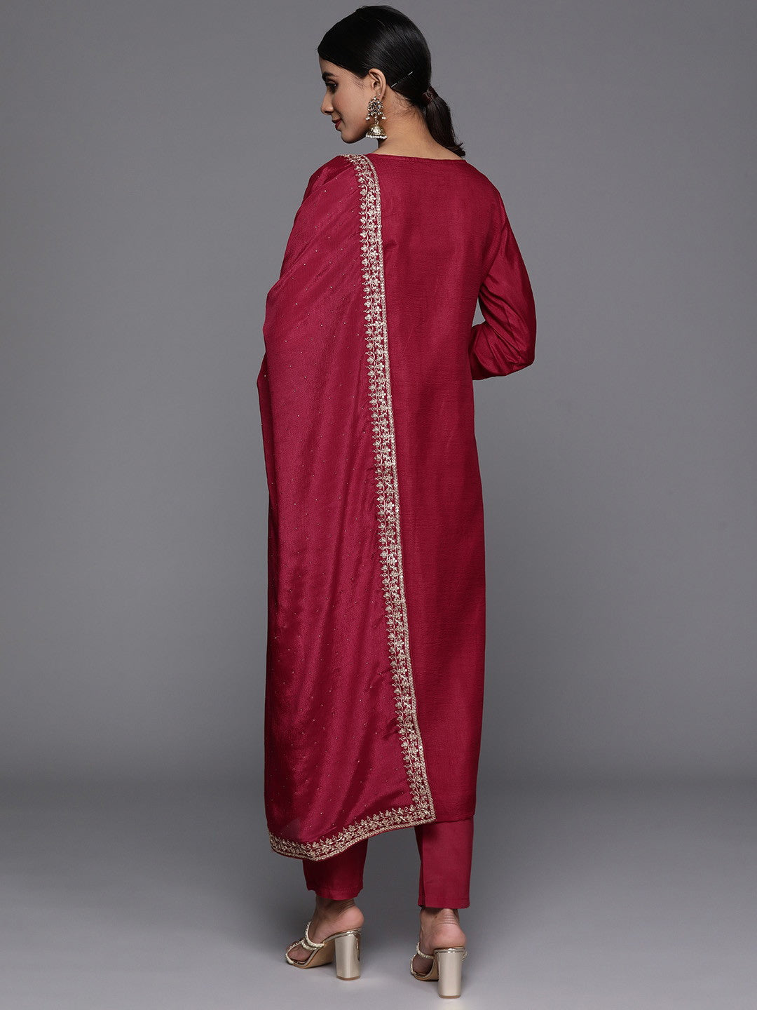 Marron Party Wear Embroidery Worked Kurta With Pant And Duppata Set Dropshipera