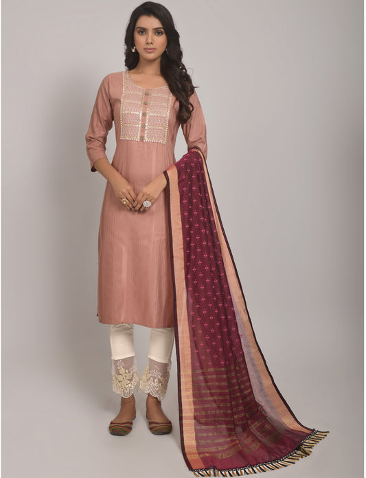 Peach Party Wear Embroidery Worked Kurta With Pant And Duppata Set Dropshipera