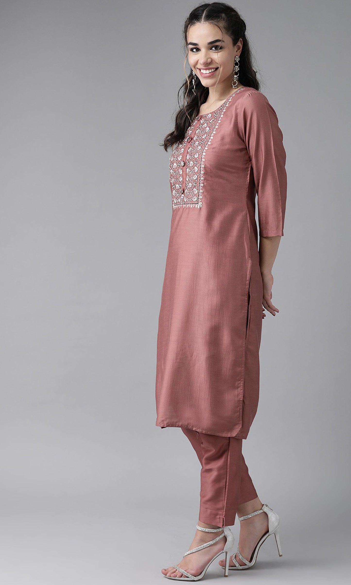Peach Party Wear Embroidery Worked Kurta With Pant And Duppata Set Dropshipera