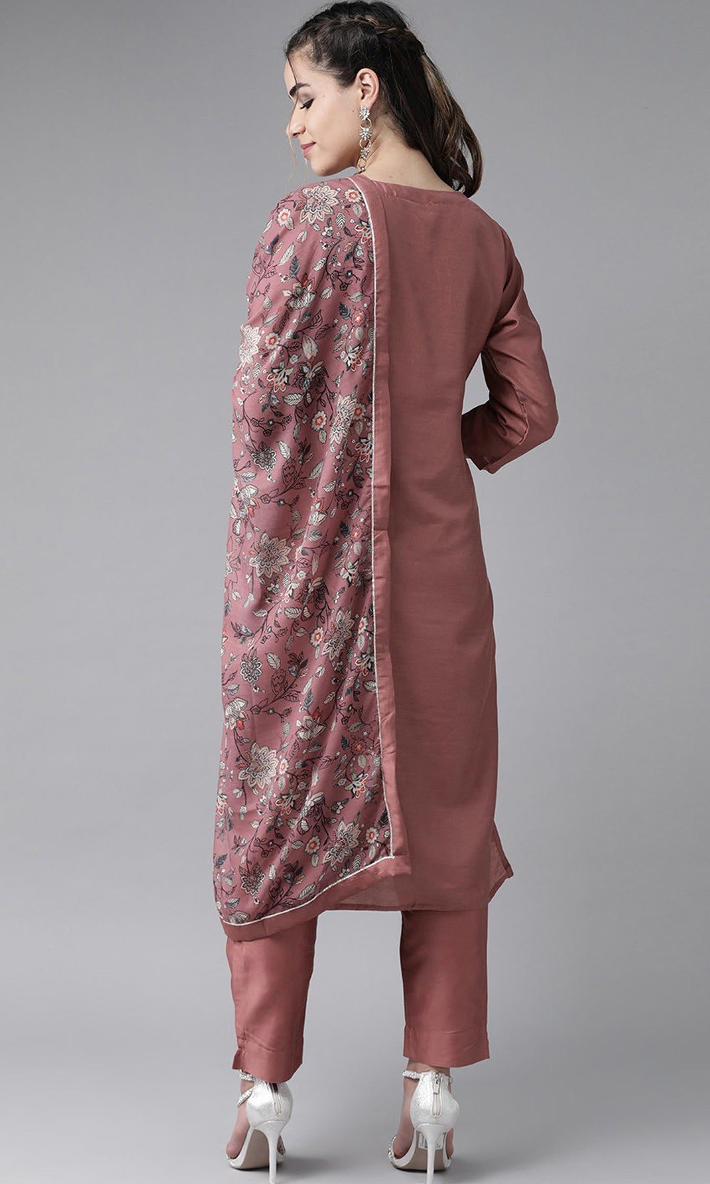 Peach Party Wear Embroidery Worked Kurta With Pant And Duppata Set Dropshipera