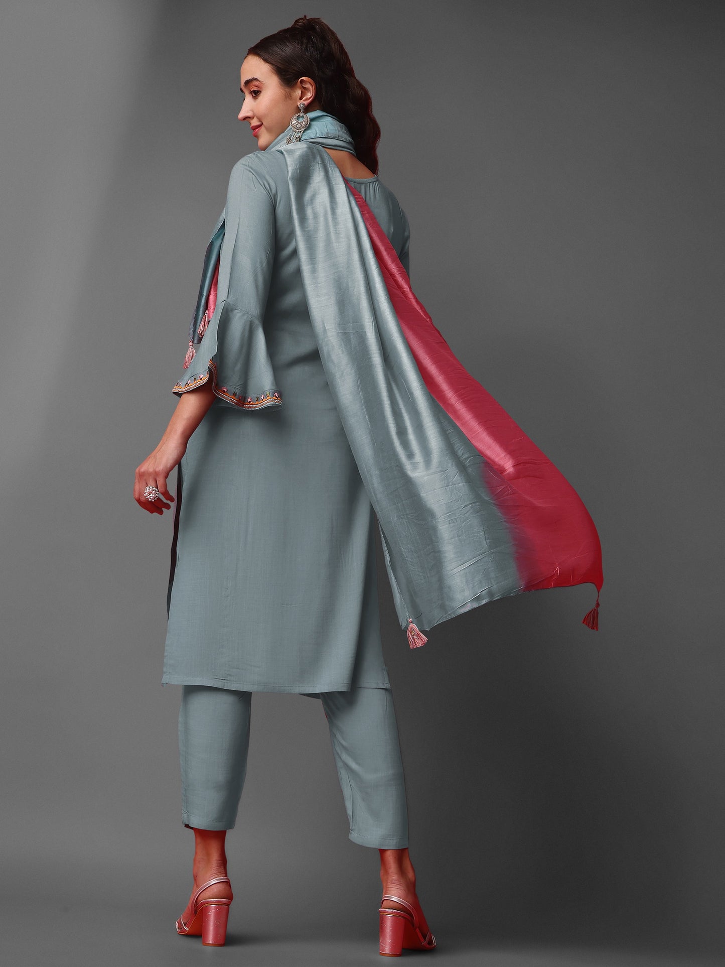 Grey Party Wear Embroidery Worked Kurta With Pant And Duppata Set Dropshipera