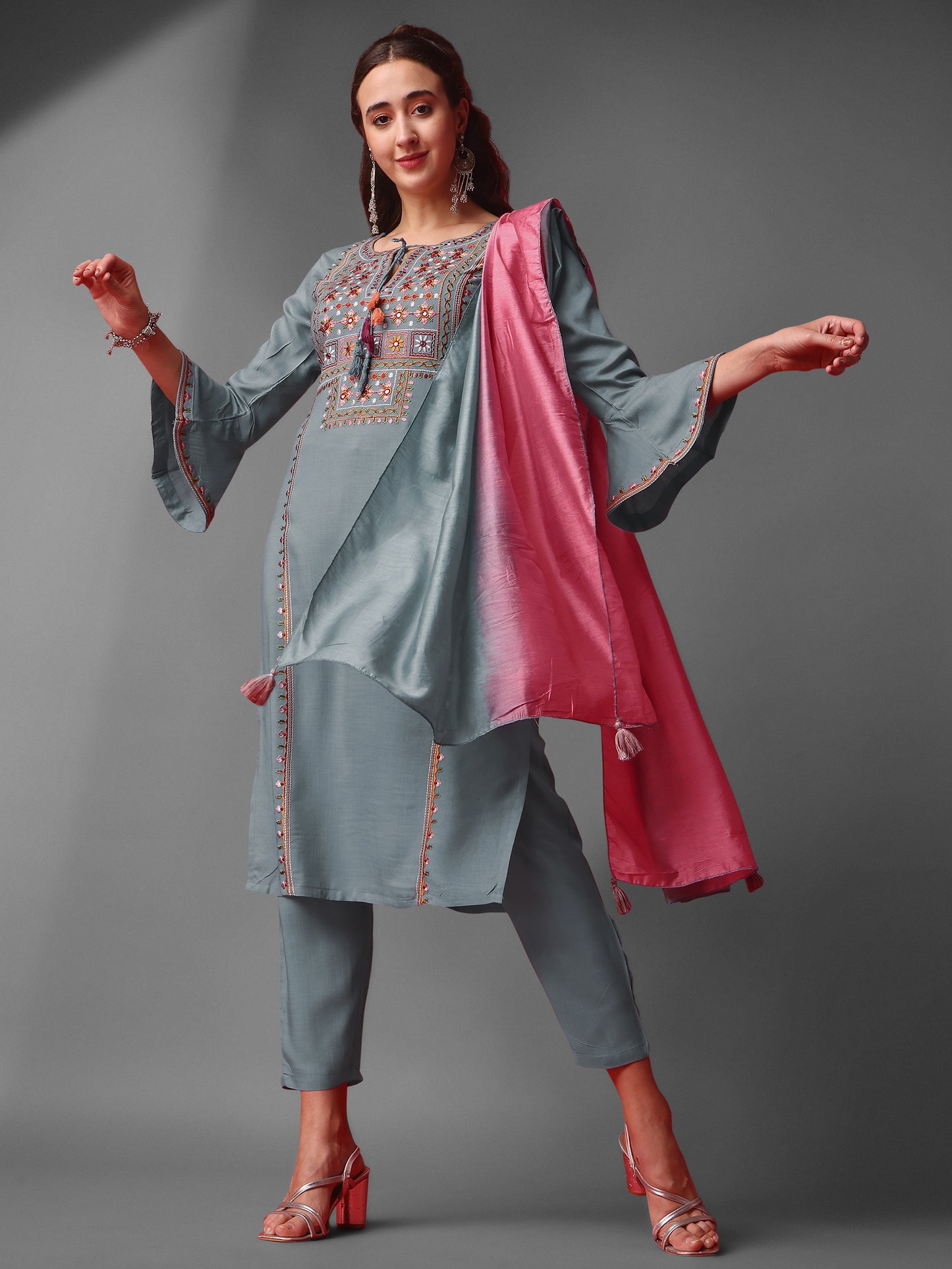 Grey Party Wear Embroidery Worked Kurta With Pant And Duppata Set Dropshipera
