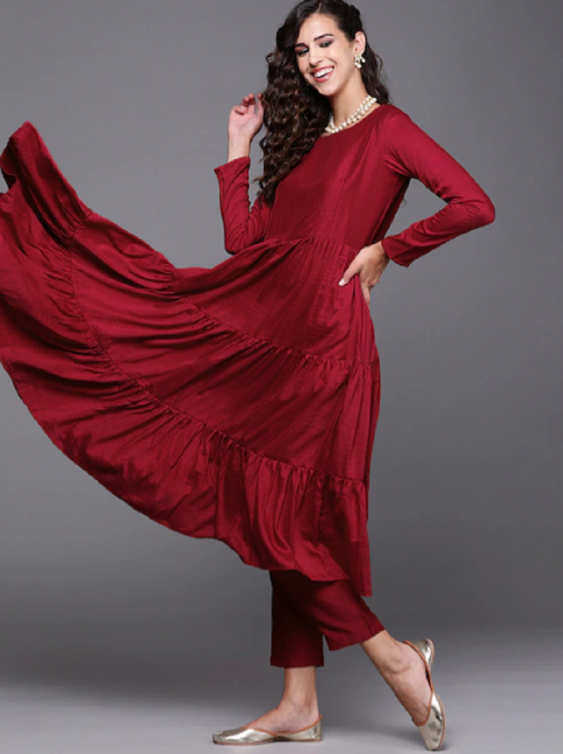 Red Party Wear Embroidery Worked Kurta With Pant And Duppata Set Dropshipera