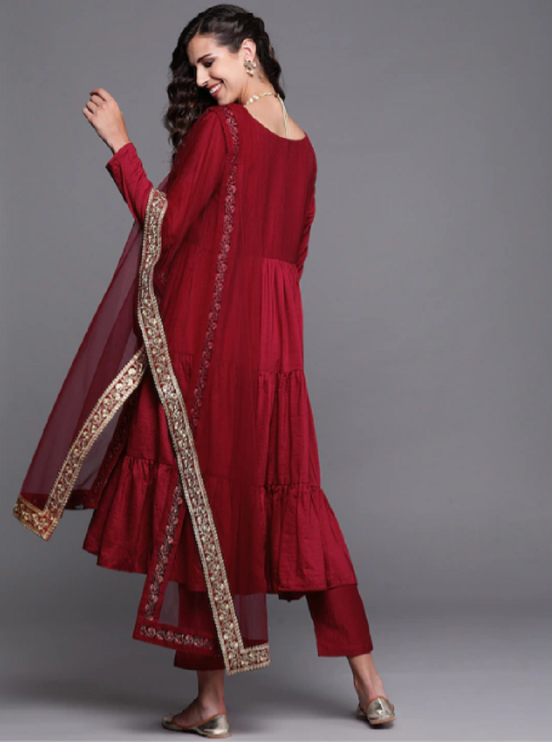 Red Party Wear Embroidery Worked Kurta With Pant And Duppata Set Dropshipera