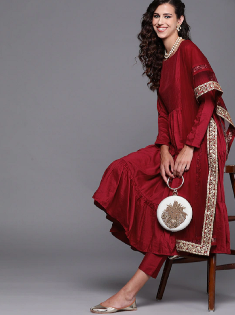 Red Party Wear Embroidery Worked Kurta With Pant And Duppata Set Dropshipera