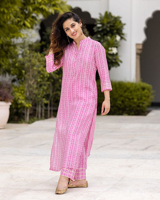 Pink Colour Pure Muslin Readymade Kurti With Bottom Set For Women's Dropshipera