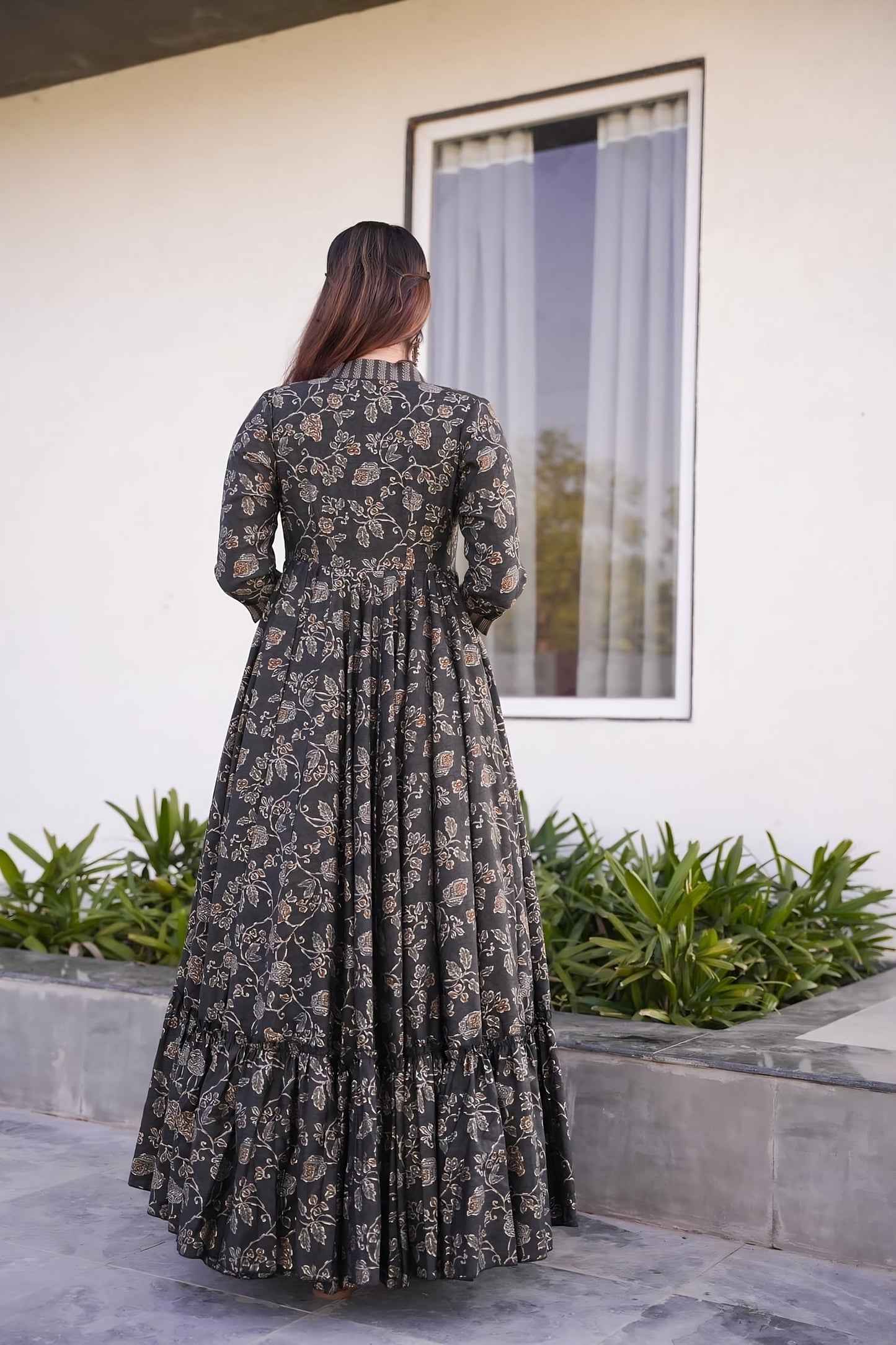Floral Print Designer Full Round Flair Indo - Western for Women Dropshipera
