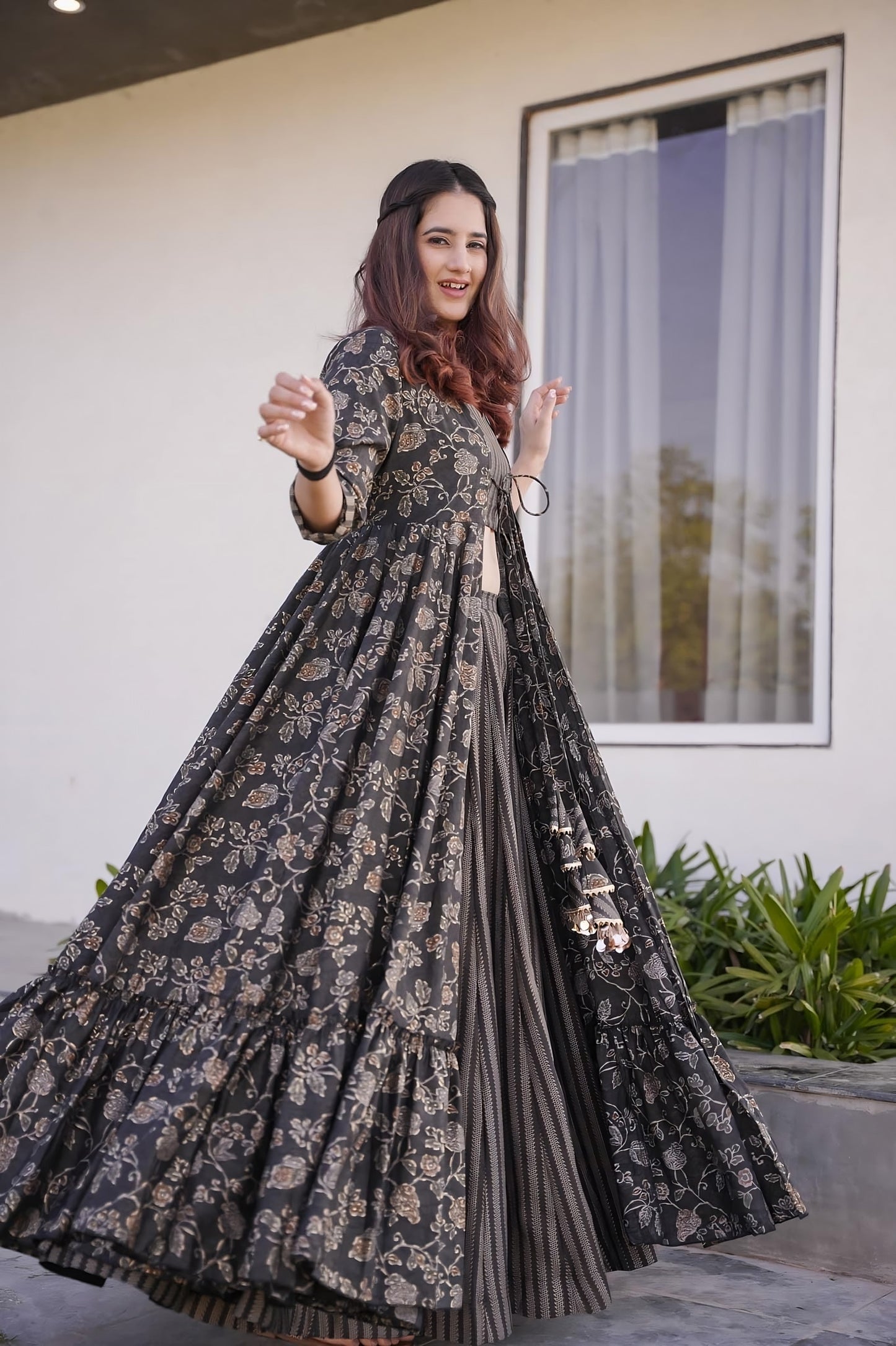 Floral Print Designer Full Round Flair Indo - Western for Women Dropshipera
