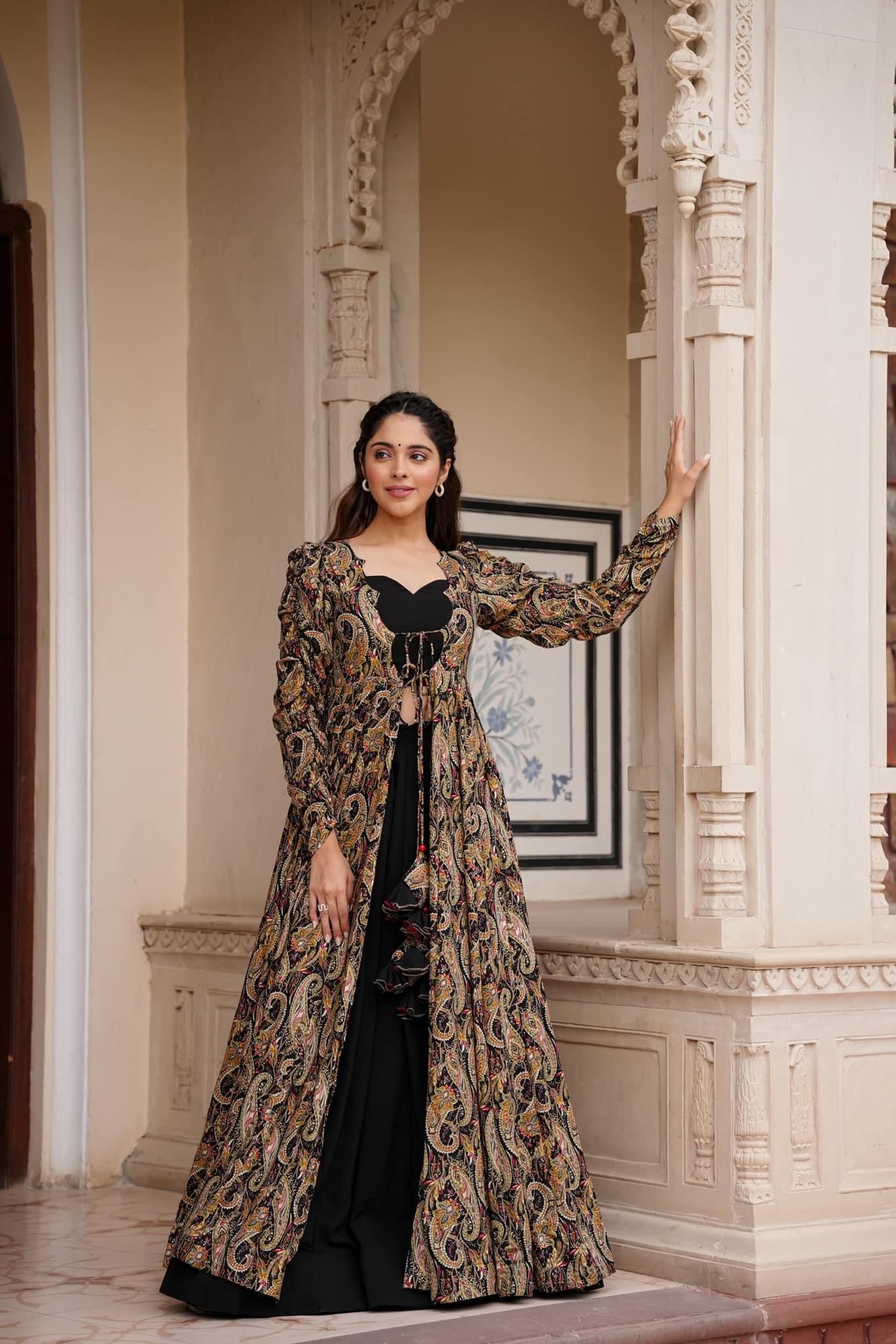 Printed Black Shrug Style Indo Western Gown For Women Dropshipera