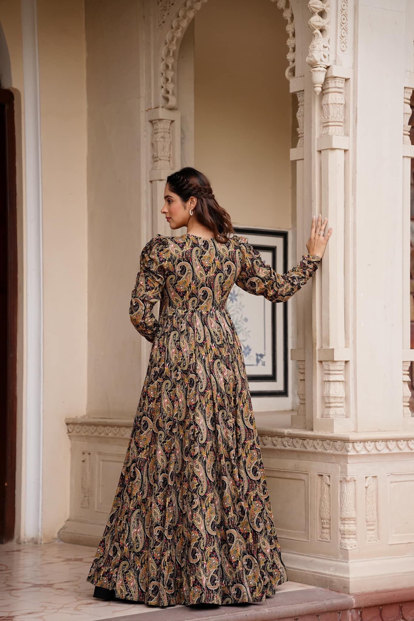 Printed Black Shrug Style Indo Western Gown For Women Dropshipera