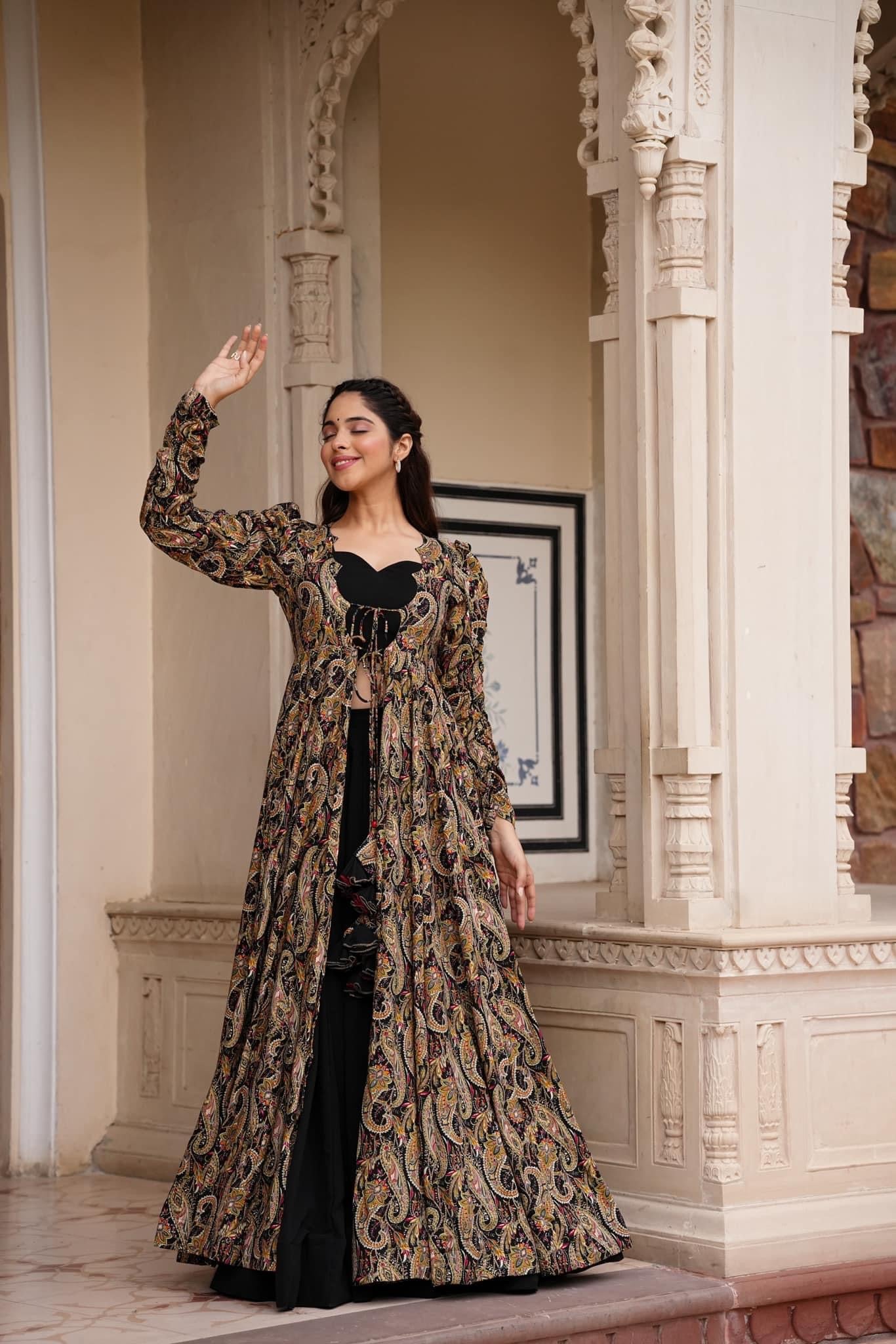 Printed Black Shrug Style Indo Western Gown For Women Dropshipera