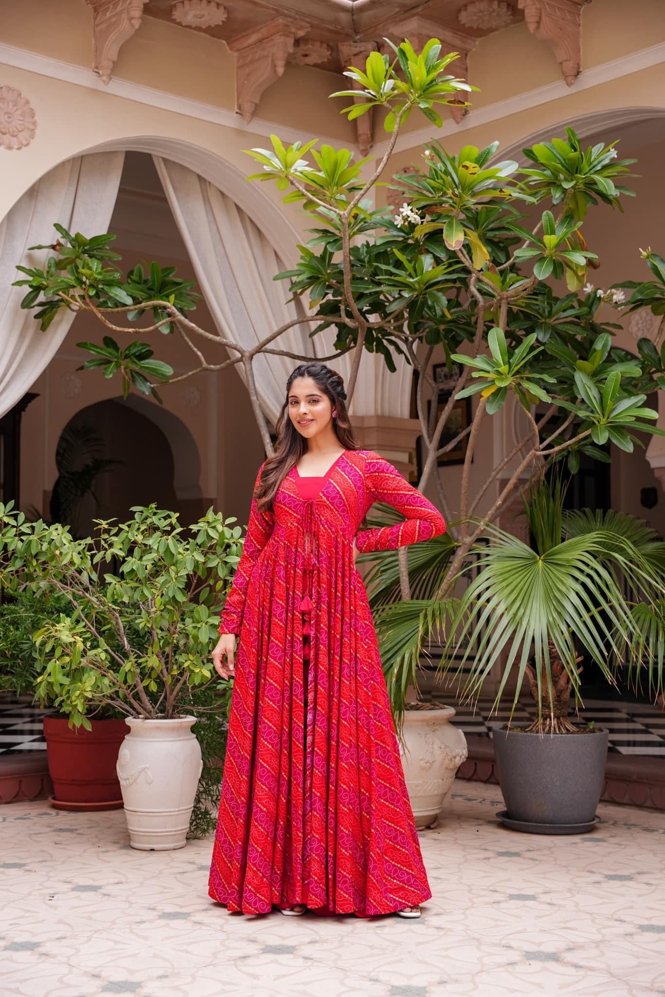 Beautiful Printed Shrug Style Indo Western Gown For Women Dropshipera