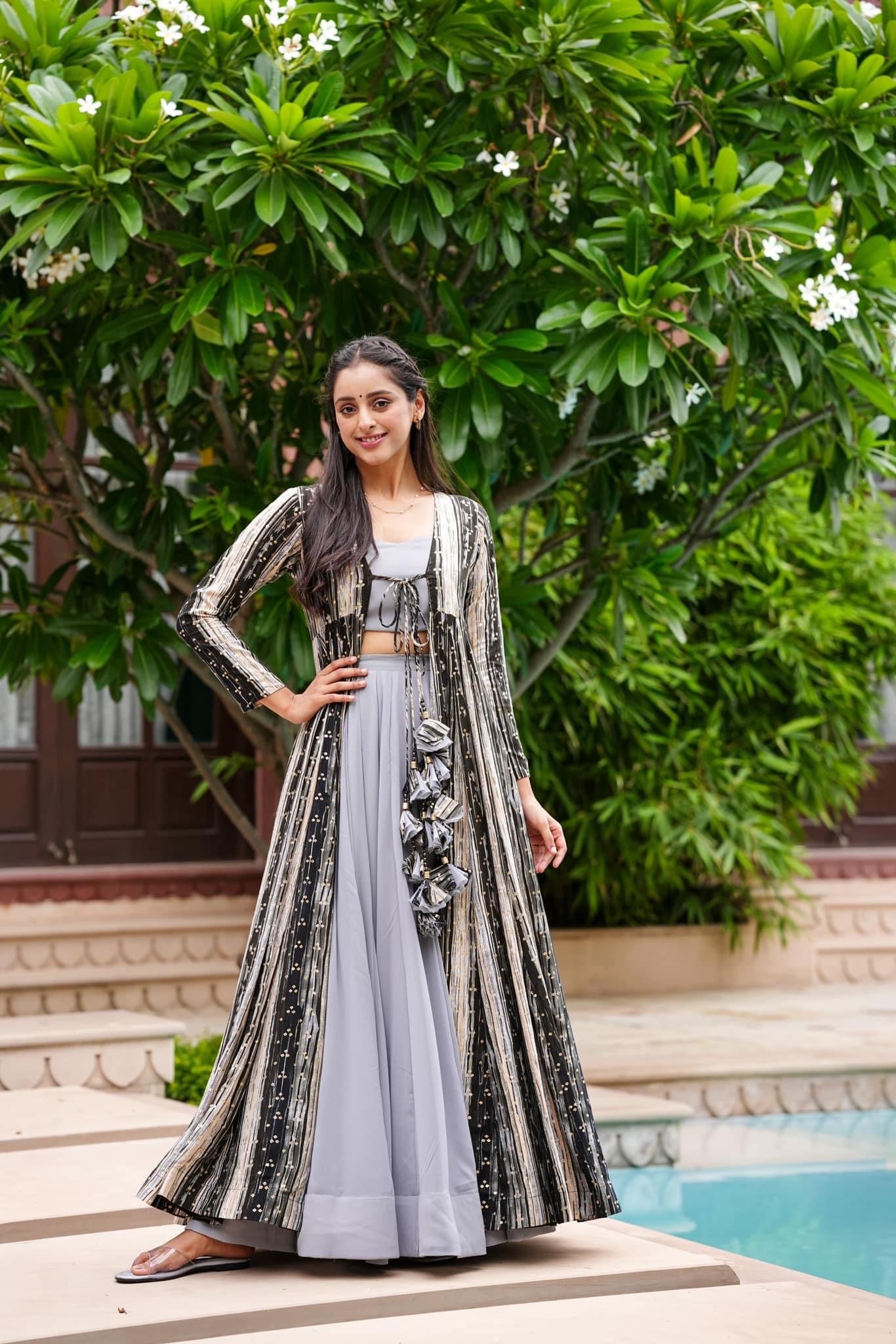 Light Gray Printed  Shrug Style Indo Western Gown For Women Dropshipera