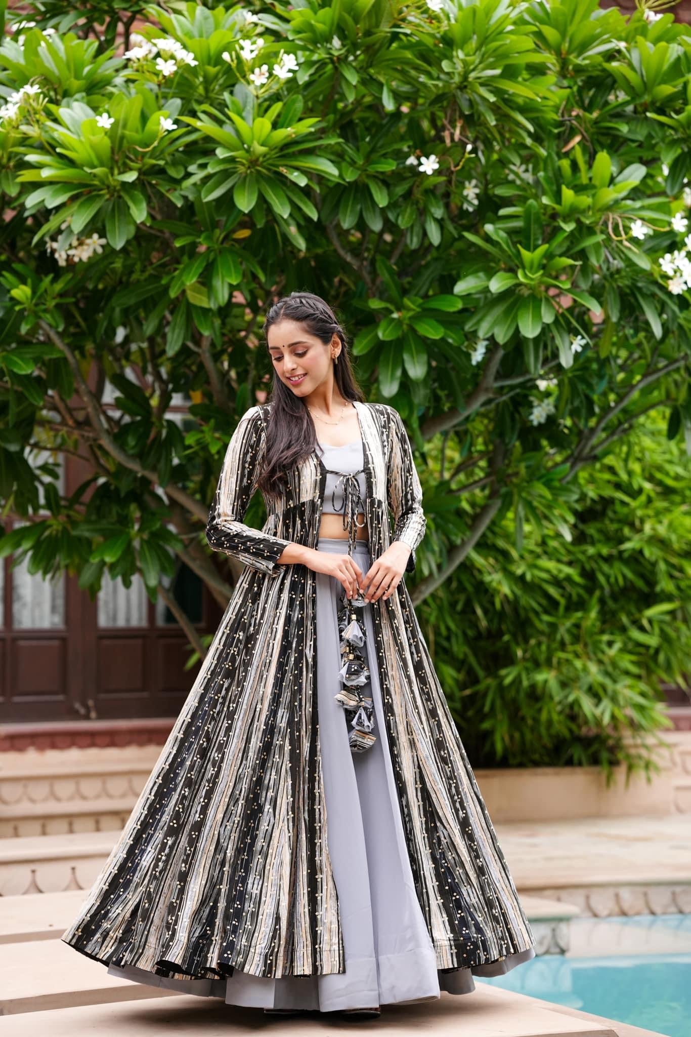 Light Gray Printed  Shrug Style Indo Western Gown For Women Dropshipera