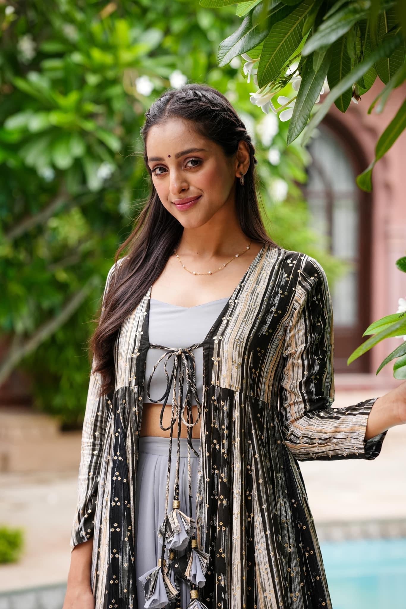 Light Gray Printed  Shrug Style Indo Western Gown For Women Dropshipera