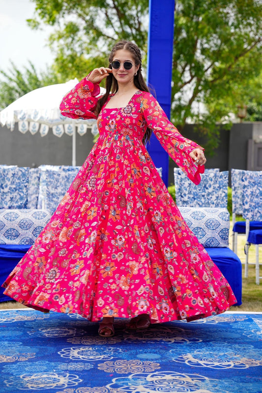 Pink Floral Designer and Stylish Full Flair Gown For Women Dropshipera