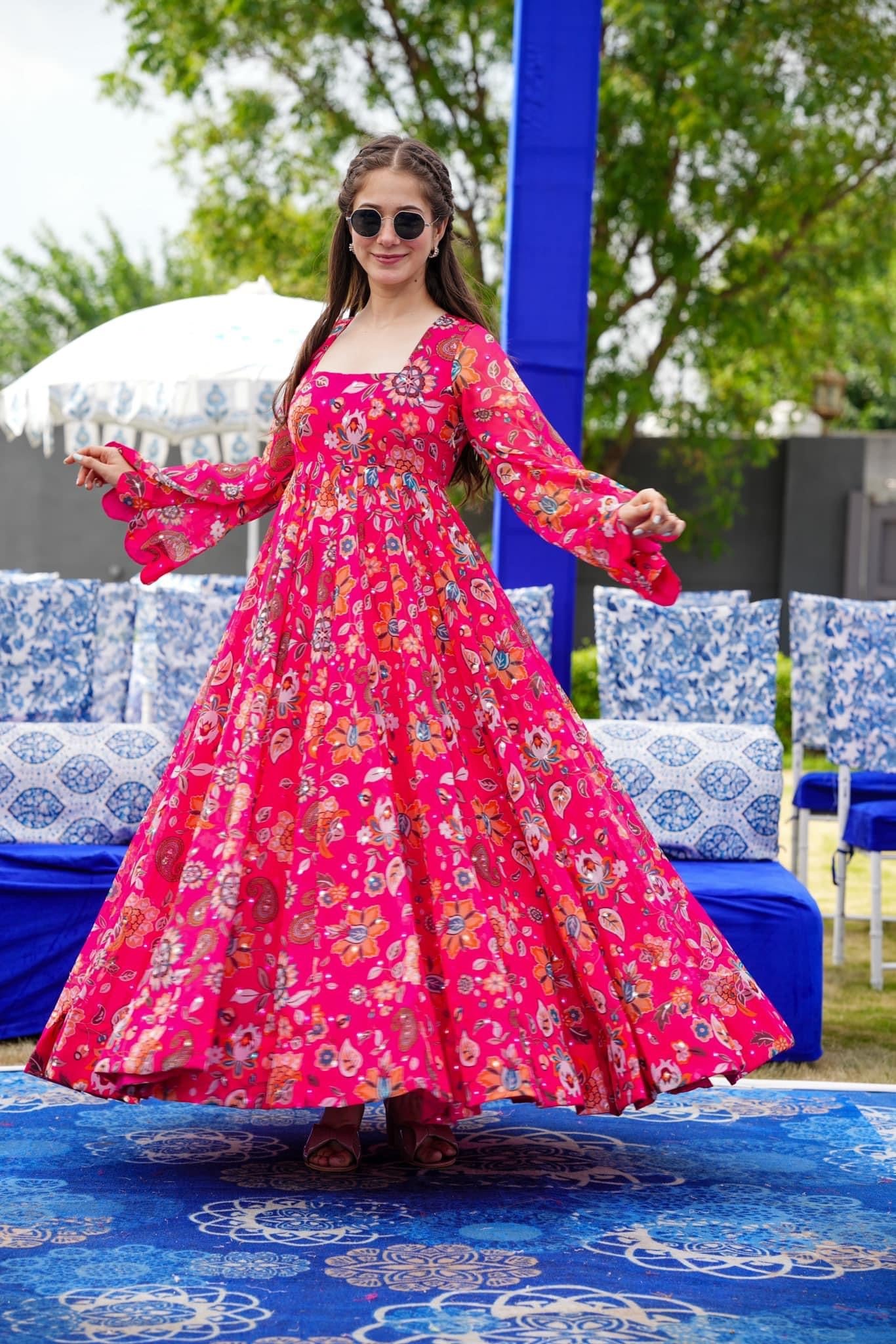 Pink Floral Designer and Stylish Full Flair Gown For Women Dropshipera