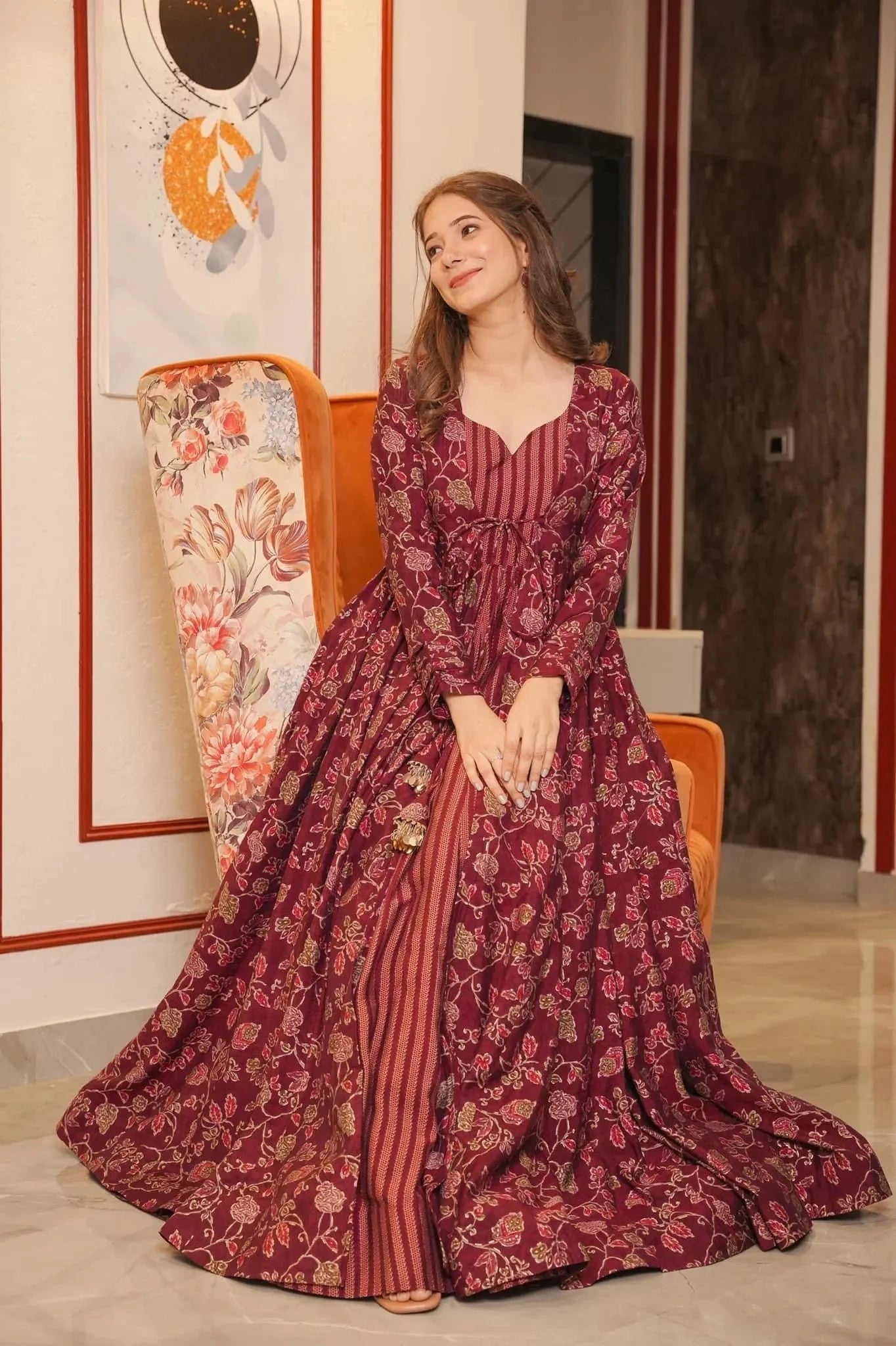 Maroon Floral Full Flair Shrug set for women Dropshipera
