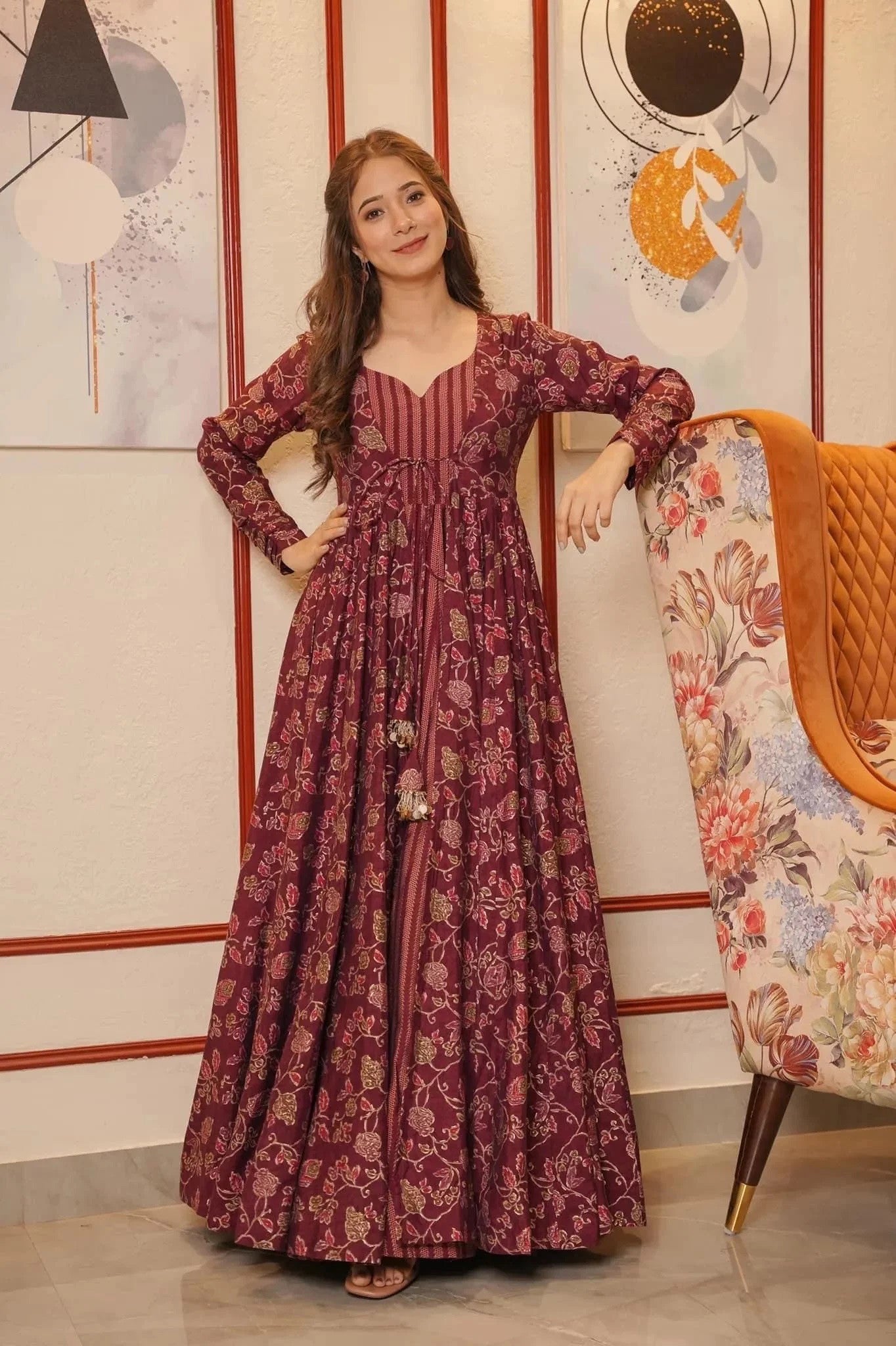 Maroon Floral Full Flair Shrug set for women Dropshipera