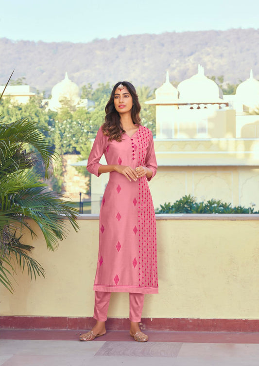 Pink Color Latest Roman Silk Kurti With Pant Dropshipera