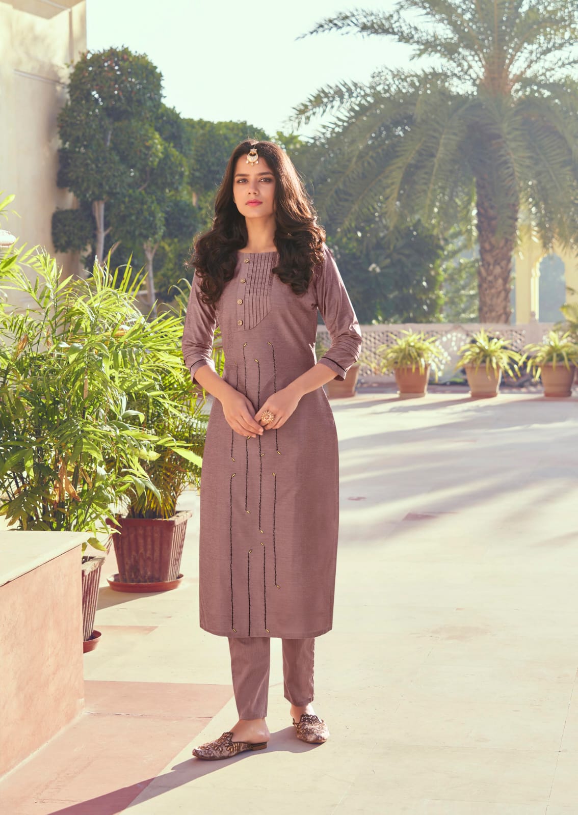 Lilac Brown Embroidery Work Roman Silk Kurta Set Dropshipera