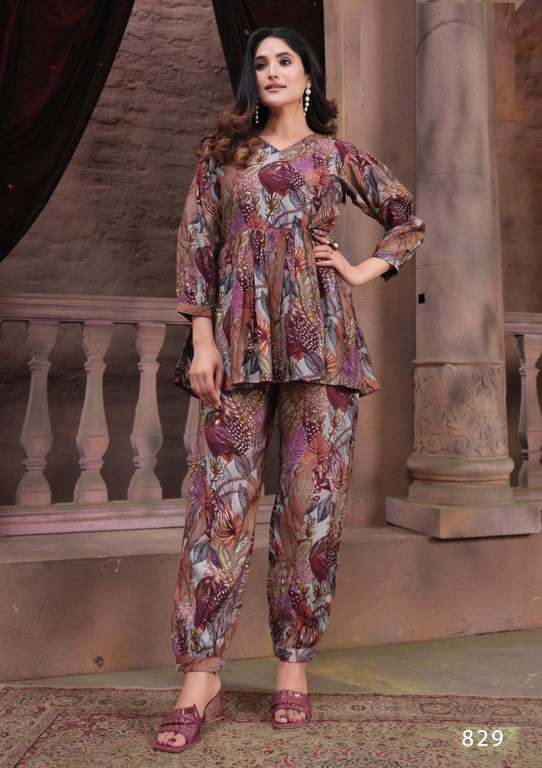 Designer Co-ords Set in Pink with Printed work Dropshipera