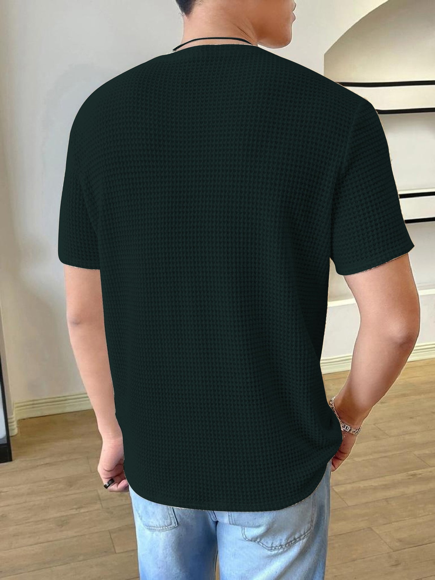 Men Solid Round Neck Waffle Dark Green T-Shirt Dropshipera