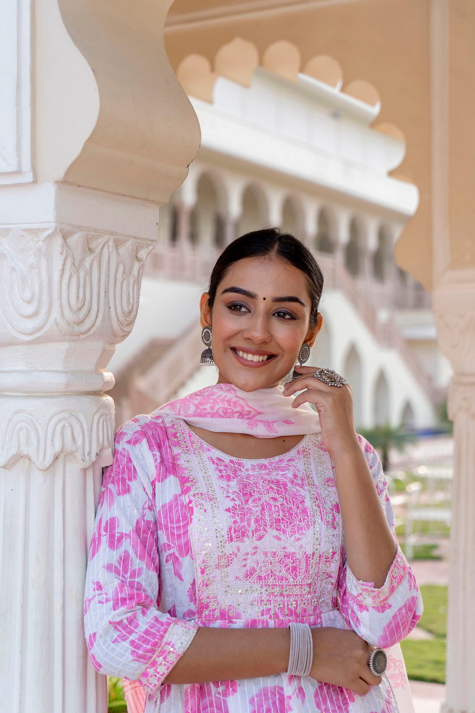 Pink Women Rayon Kurta Pant Dupatta Set Dropshipera