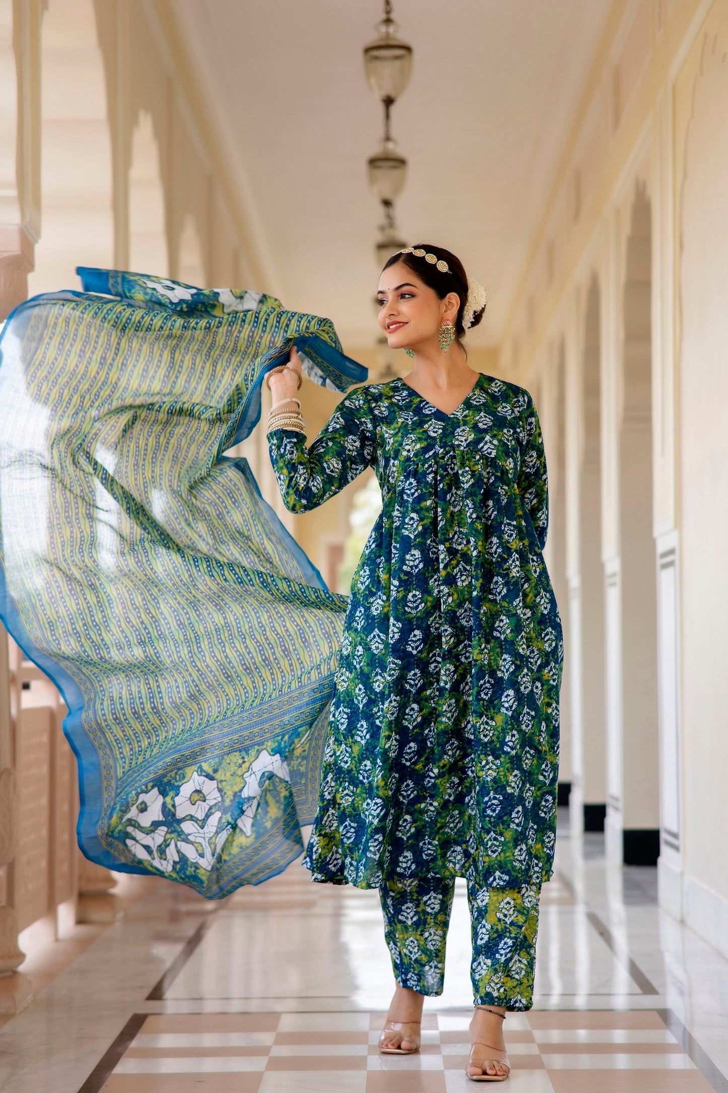 Women Printed A-Line Kurta and Pant Set with Dupatta Set Dropshipera