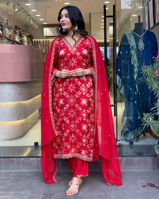 Patola Banarasi Viscose Nylon Jacquard  Kurti With Silk Pant And Organza Dupatta Dropshipera