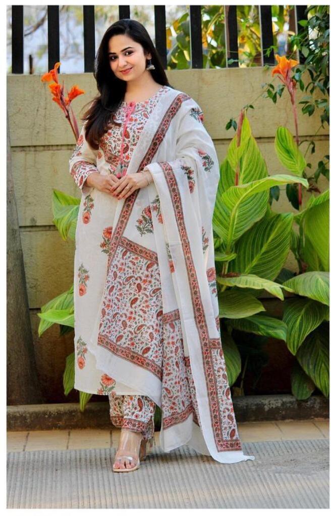Women White Floral Print Pure Cotton Kurta with Trouser with Dupatta Dropshipera