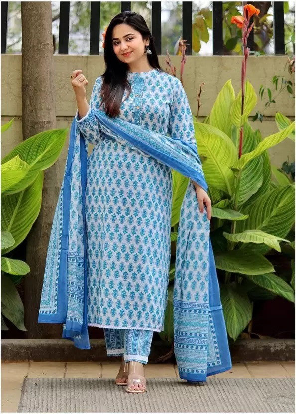 Women Pure Cotton Kurta Pant Dupatta Set Dropshipera
