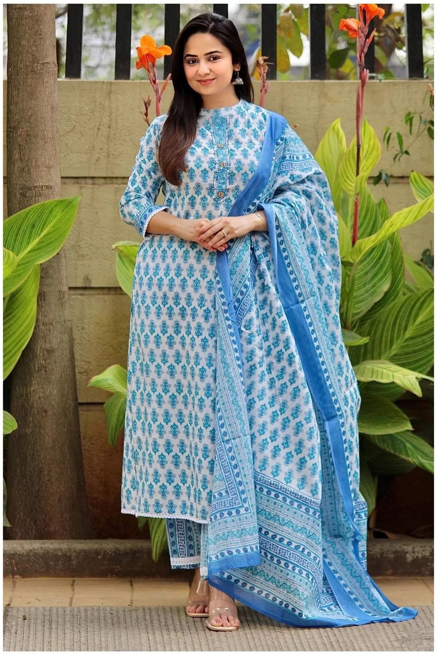 Women Pure Cotton Kurta Pant Dupatta Set Dropshipera